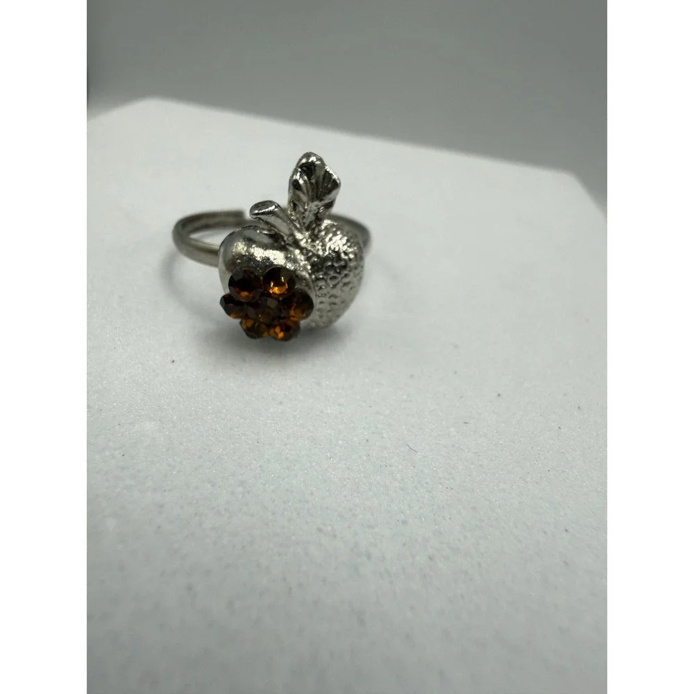 Vintage‎ Silver Tone Apple Ring Amber Rhinestone Adjustable Band Fruit Jewelry